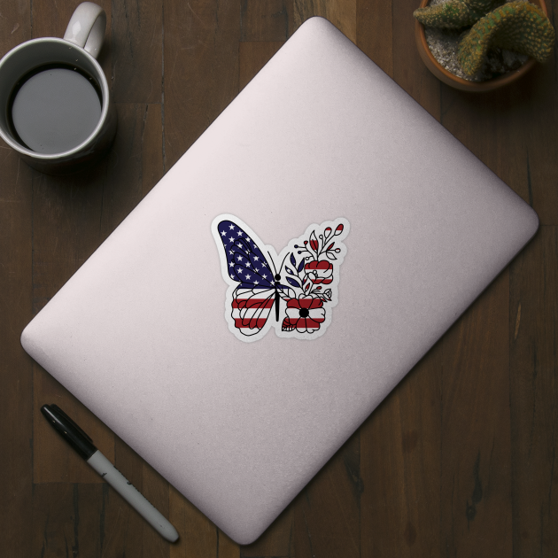 American Flag with Floral Butterfly, 4th of July by Darksavage